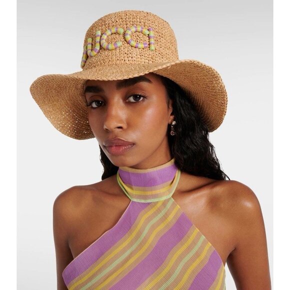 NWT GUCCI Monogram Embellished Raffia Hat Sz S - Picture 3 of 10